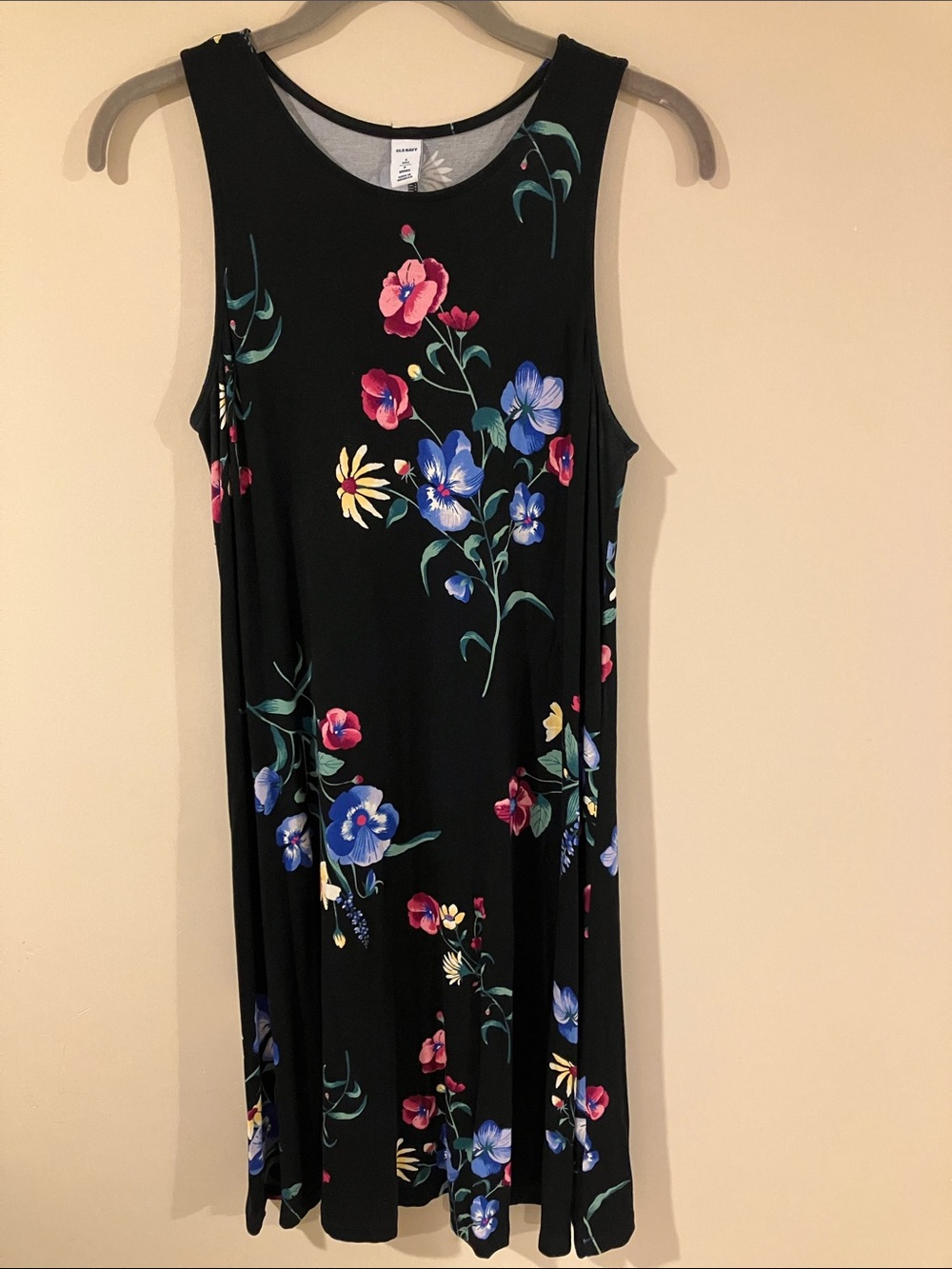 Old Navy Black Sleeveless Swing Dress with Blue, Pink & Yellow Floral Print